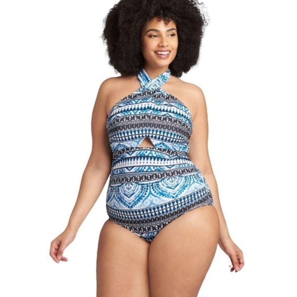 Lane Bryant Tie-Neck Cutout No-Wire Swim One Piece In Global Batik